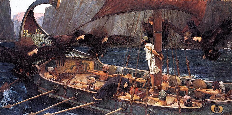 Waterhouse, Ulysses and the Sirens: Odysseus tied to the mast as the Sirens circle the ship