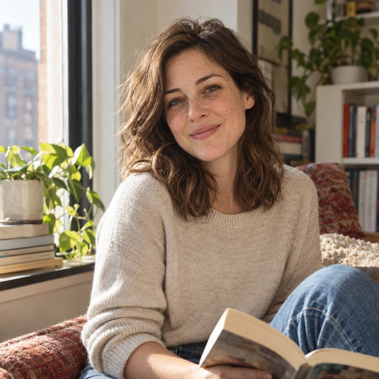 Hailey smiling beside a window with a paperback in hand