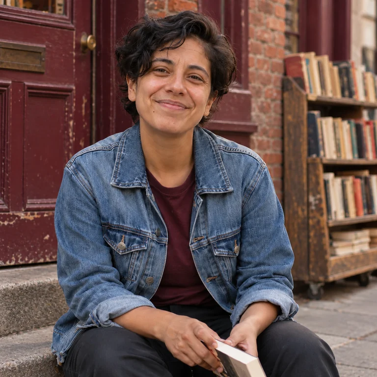 Jo smiling with a paperback outside a brick bookshop with a burgundy door