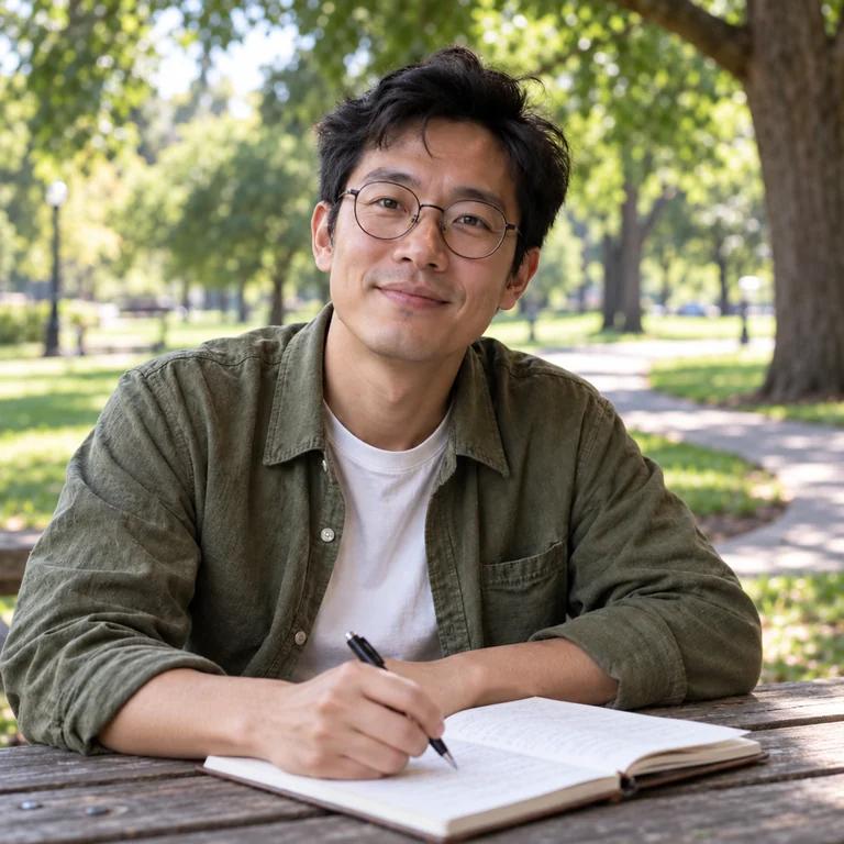 Marcus writing in a notebook at a picnic table in a leafy park