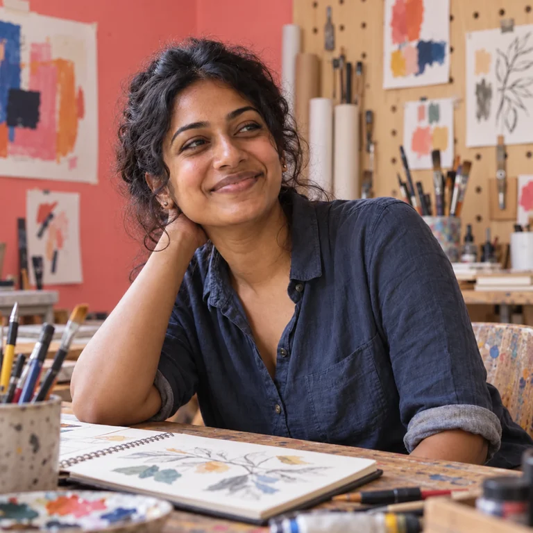 Priya beside a sketchbook in a colorful art studio