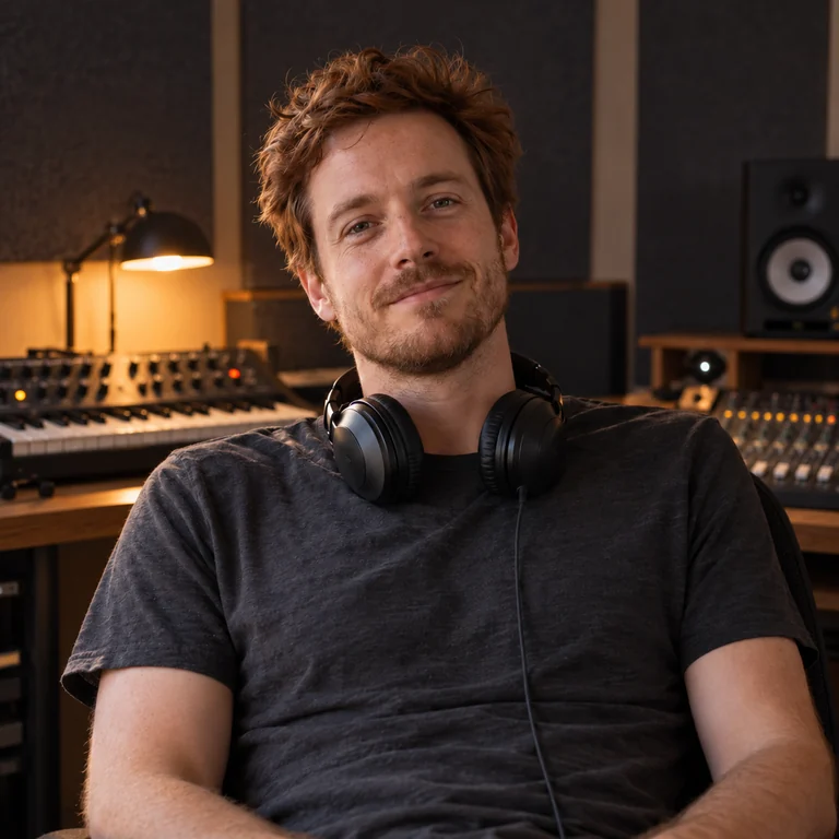 Sam with headphones around his neck in a music room with acoustic panels