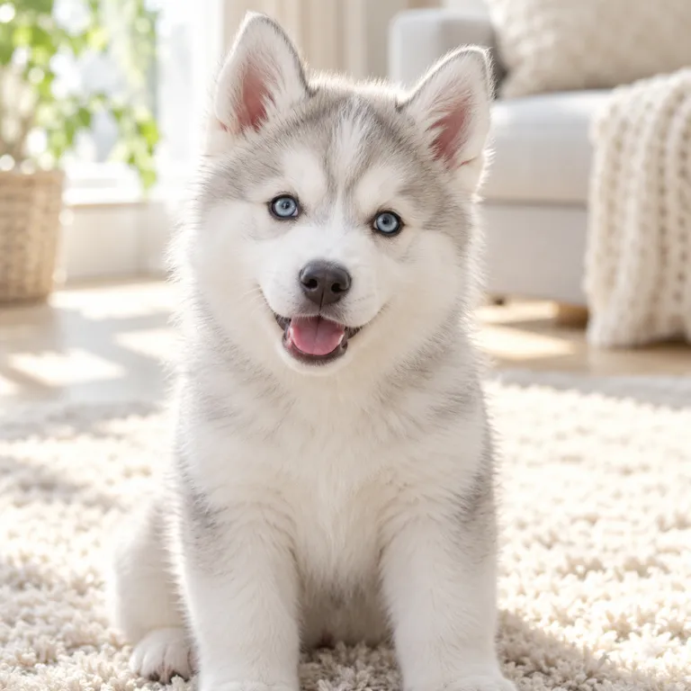A fluffy light gray and white husky puppy sitting on a cream rug in a sunny living room